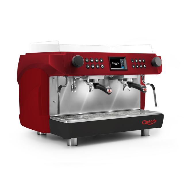 Red espresso machine with digital display on a white background