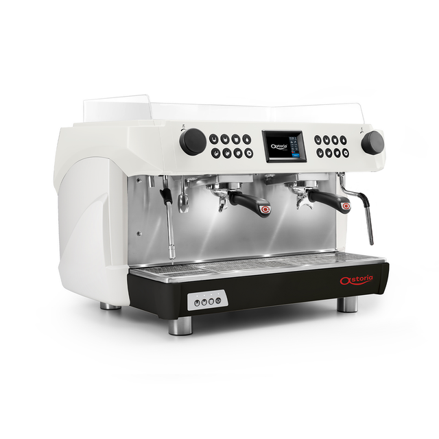 White and black espresso machine with digital display on a white background