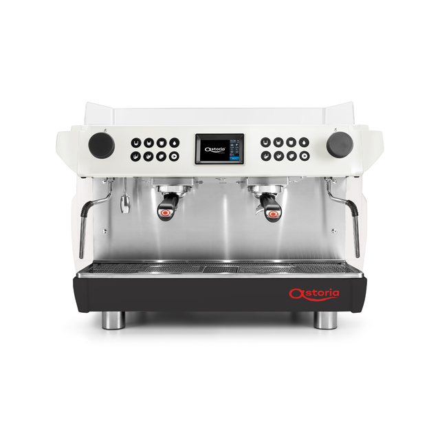 White and black coffee machine with digital display on a white background
