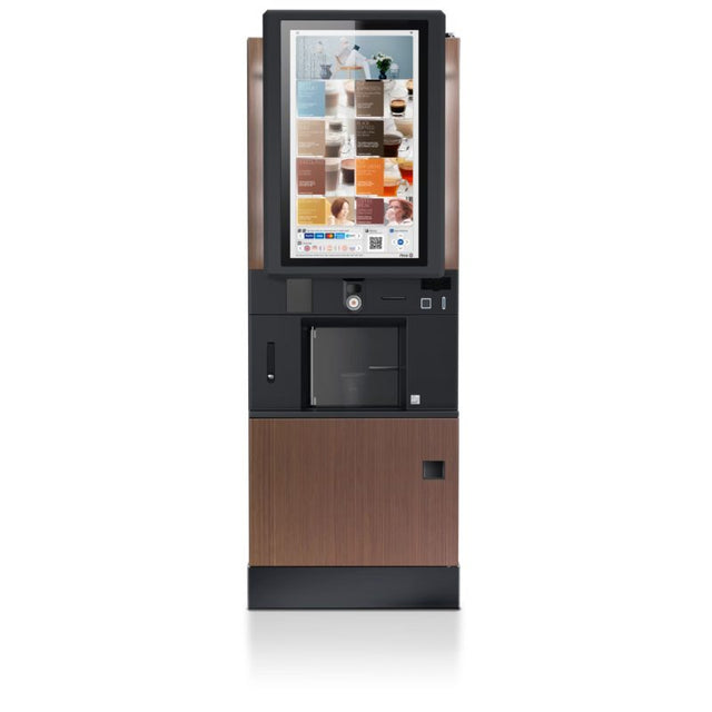 Multifunctional kiosk with digital display and payment terminal on a white background