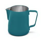 A teal-colored Rhino Classic Milk Pitcher made of stainless steel with a precision spout for frothing milk.