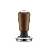 A stainless steel and walnut tamper for espresso machines, with a self-levelling plate and spring-loaded mechanism.