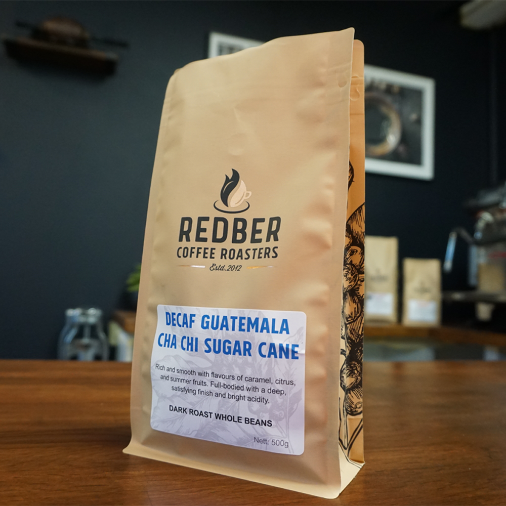 Redber Coffee Roasters Guatemala Cha Chi Decaf Coffee bag – dark roast whole beans with rich flavour notes of stewed apple, raisin, blackcurrant and chocolate