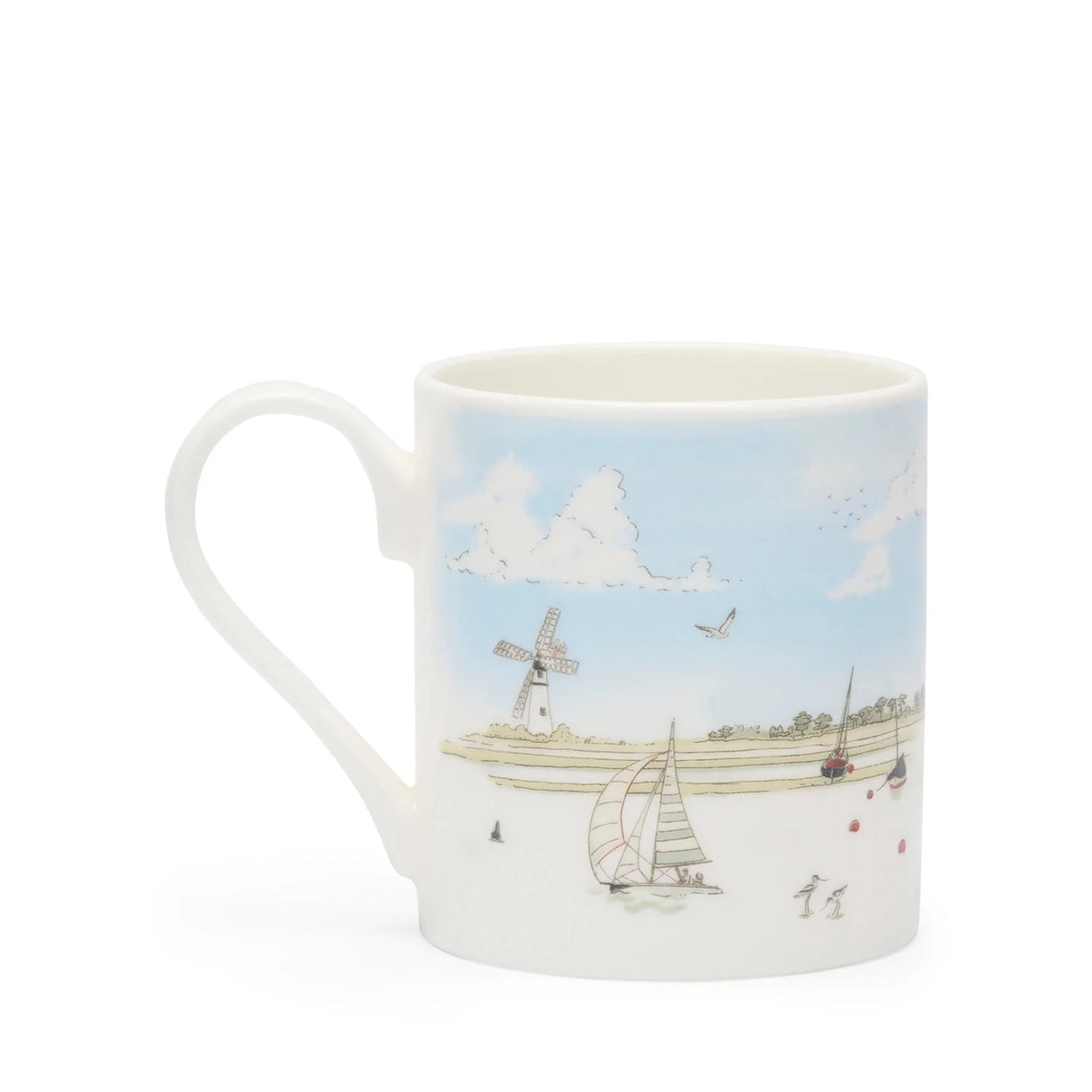 Mug with a scenic design of a lighthouse, sailboats, and seagulls on a blue sky background.