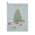 Decorative tea towel with a Christmas tree and festive elements on a light blue background