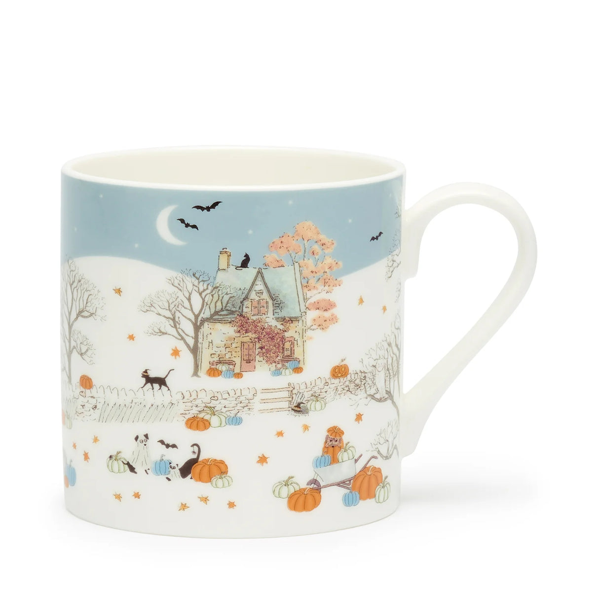 Mug with autumn-themed design featuring pumpkins, cats, and a house on a blue background.