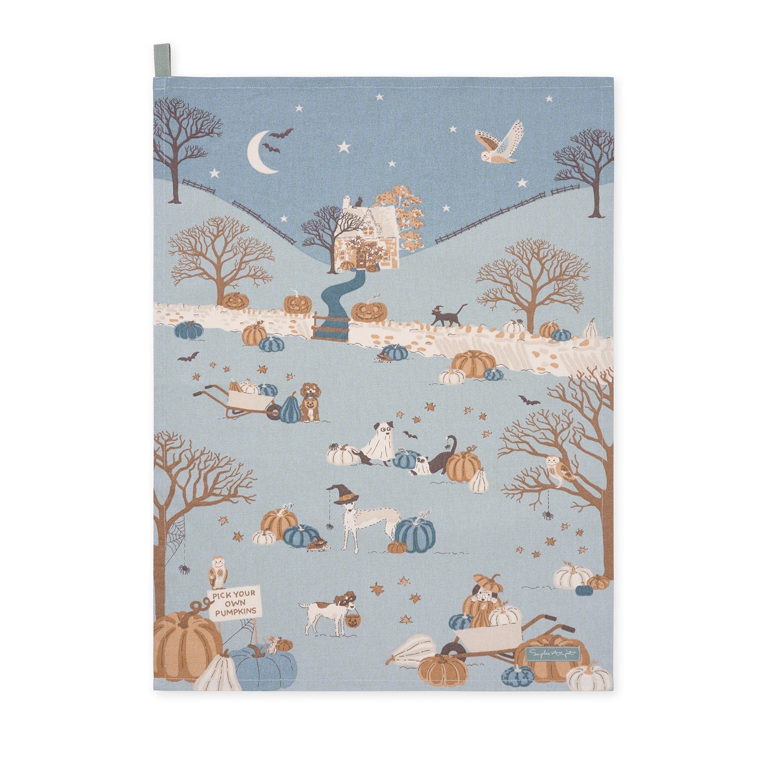 Illustrated notebook cover with autumn-themed design on a blue background