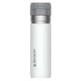 A white Stanley Quick-Flip water bottle with a gray lid, designed for insulation and easy hydration on the go.