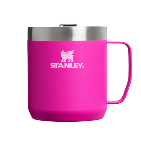 Pink mug with silver lid and handle on a white background, featuring Stanley logo.