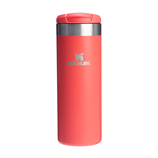Red Stanley tumbler with a silver lid on a white background