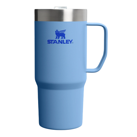 Blue Stanley mug with a silver lid on a white background