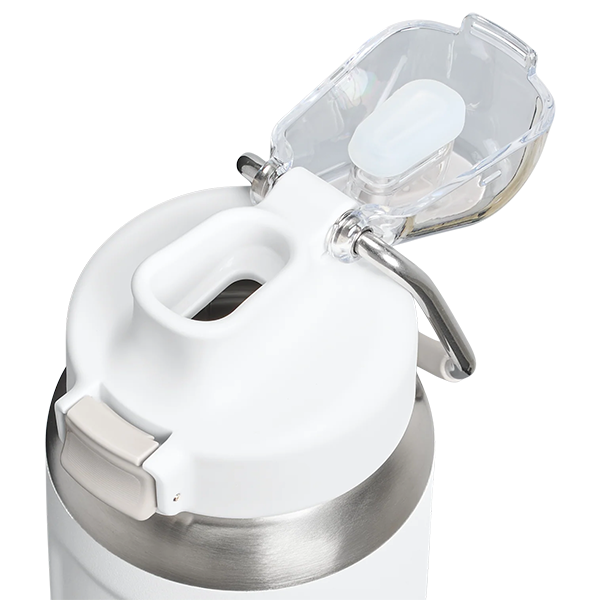 Close-up of a white and silver water bottle with a clear lid on a white background