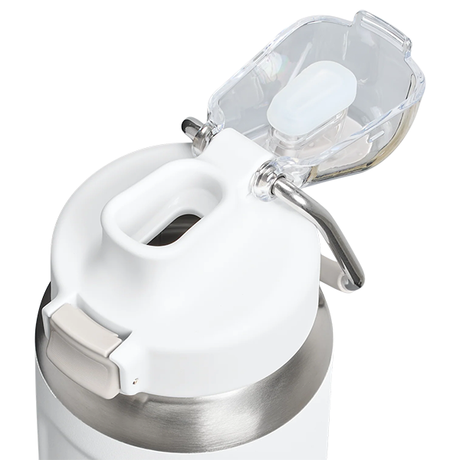 Close-up of a white and silver water bottle with a clear lid on a white background