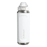 White Stanley water bottle with silver cap on a white background