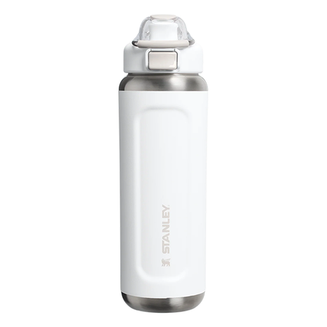White Stanley water bottle with silver cap on a white background