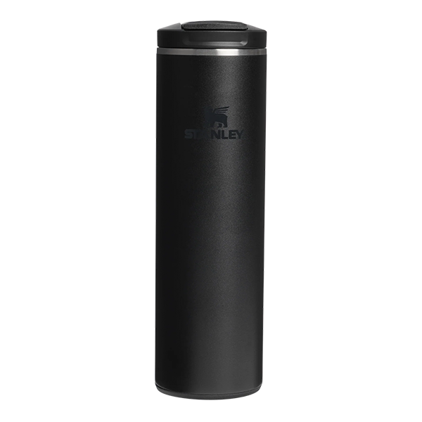 Black Stanley tumbler on a white background
