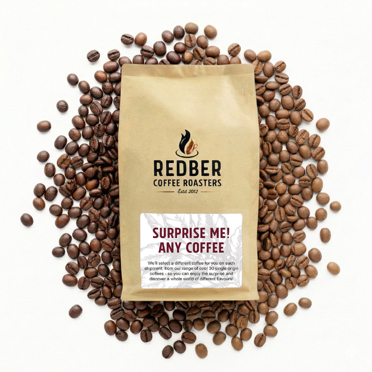 Redber Coffee Roasters package surrounded by coffee beans on a white background