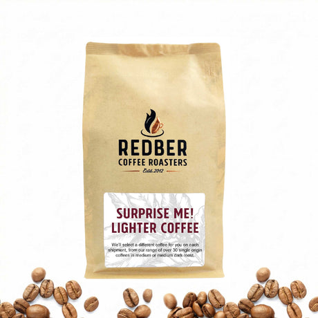 Coffee bag from Redber Coffee Roasters with coffee beans on a white background