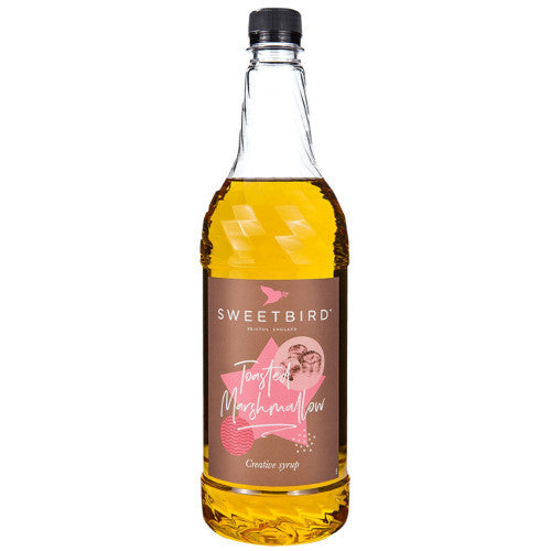 Bottle of Sweetbird syrup with a label on a white background