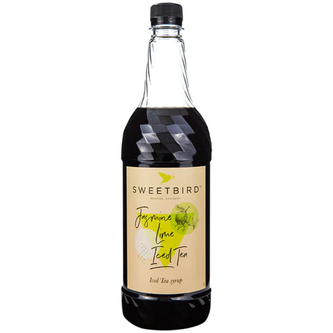 Bottle of Sweetbird Jasmine Lime Iced Tea syrup on a white background