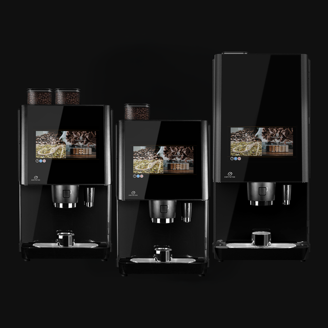 Three black coffee machines with digital displays on a black background