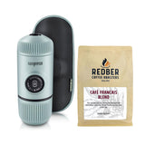 NanoPresso espresso maker and Redber Coffee Roasters coffee package on a white background