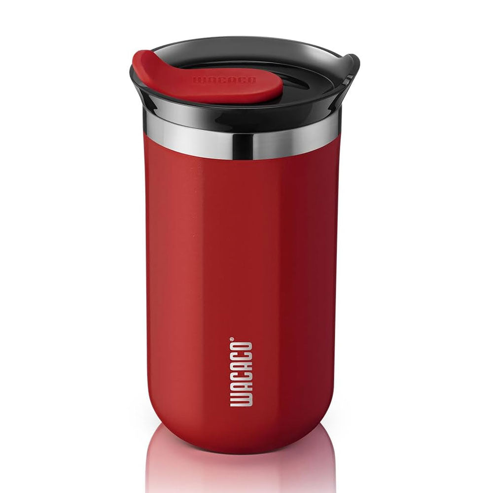 Red travel mug with a black lid on a white background