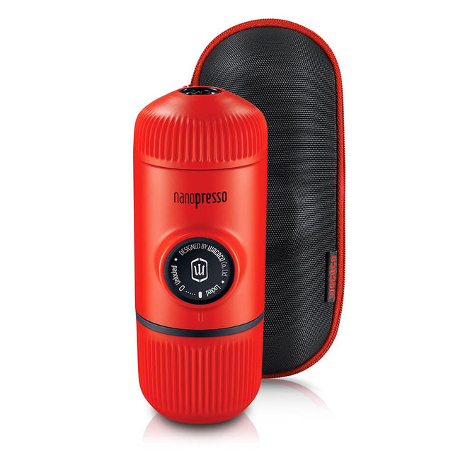 Red handheld espresso machine with black carrying case on a white background