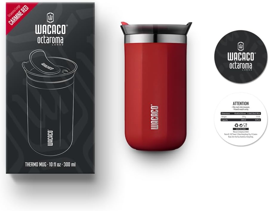 Red thermos mug with Wacaco branding on a white background