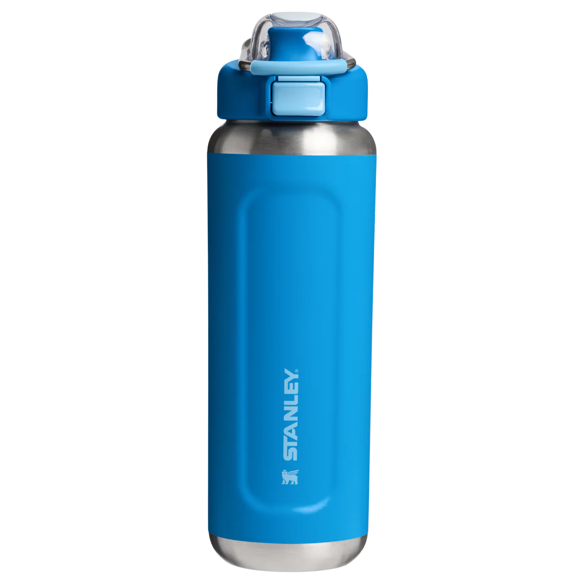 Blue water bottle with silver base and Stanley logo on a white background