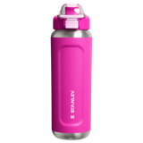 Pink Stanley water bottle with a silver base on a white background
