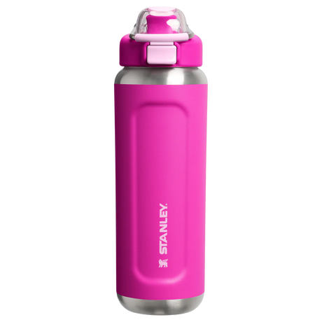 Pink Stanley water bottle with a silver base on a white background