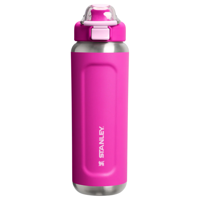 Pink Stanley water bottle with a silver base on a white background