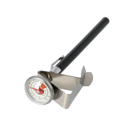 Bimetallic thermometer with a black handle on a white background