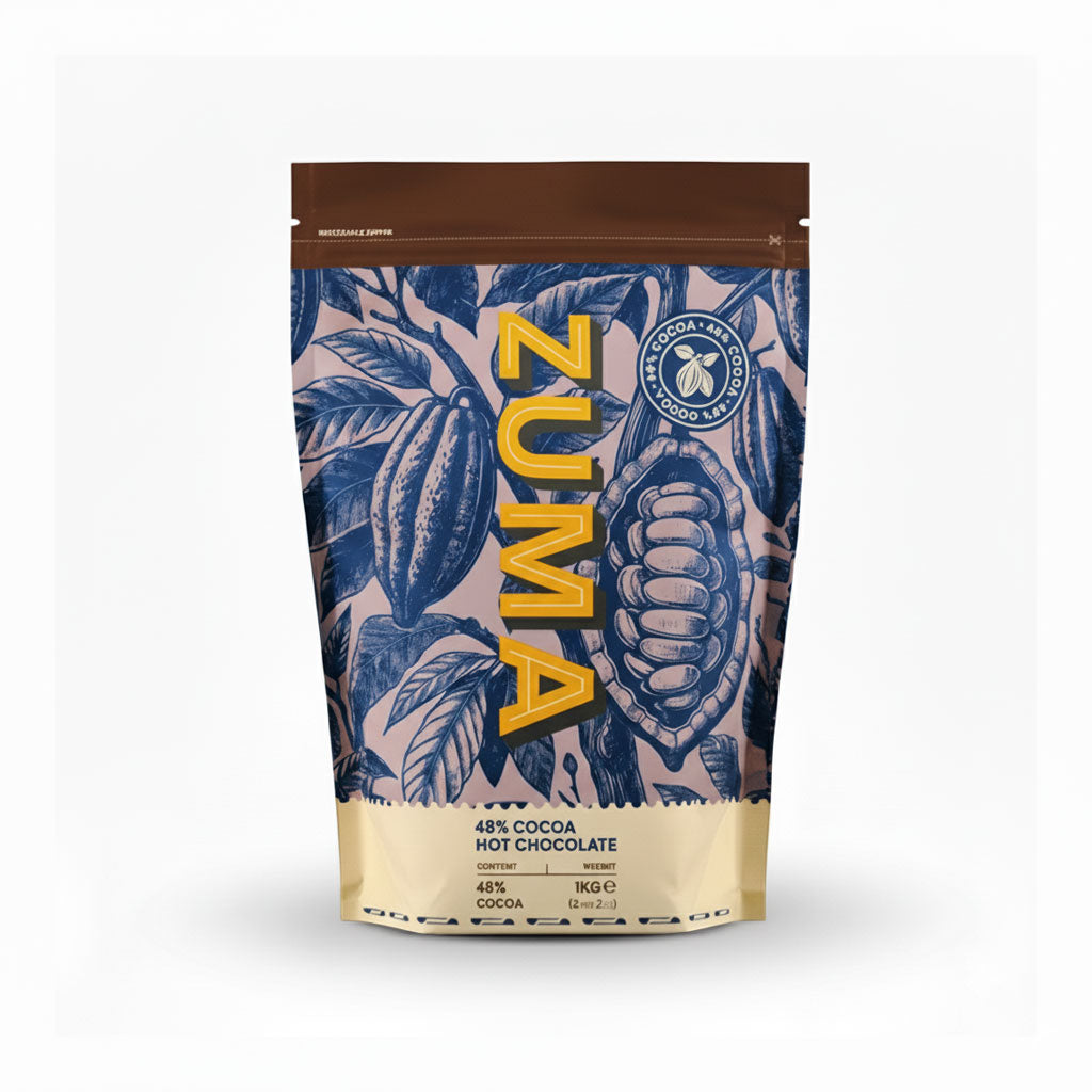 Zuma hot chocolate packaging with blue cacao bean design on a white background