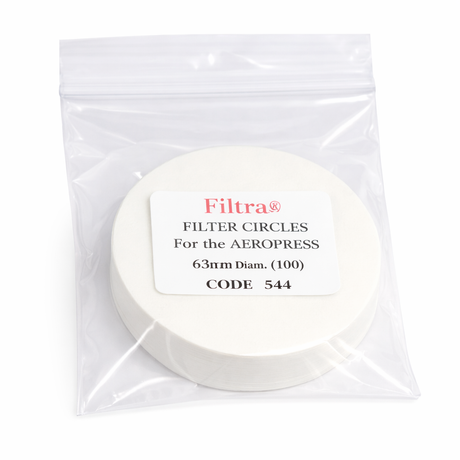 Pack of Filtra filter circles for Aeropress with a clear plastic bag on a white background