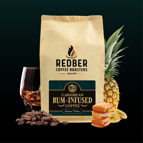 Redber Coffee Roasters Caribbean Rum-Infused coffee package with a glass of rum, pineapple, and chocolate.