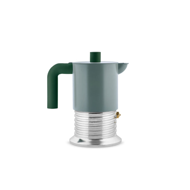 Alessi Vite 3 cup induction moka pot in sage green, with screw-shaped aluminium base