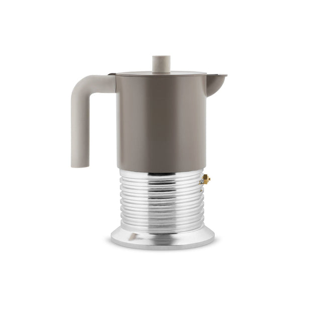 Alessi Vite 6 cup induction moka pot in warm grey, with screw-shaped aluminium base