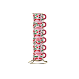 Six Bialetti Cherry espresso cups stacked in the included metal stand, with pink cherry-patterned cups and red handles