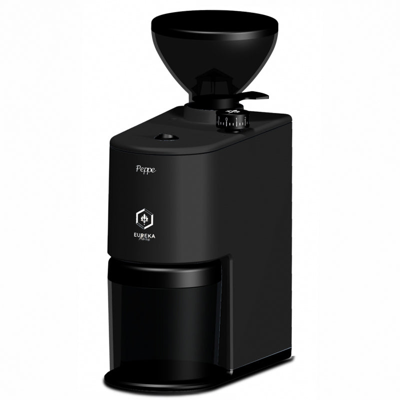 A black Eureka Peppe coffee grinder with a conical hopper on top, shown against a plain white background.