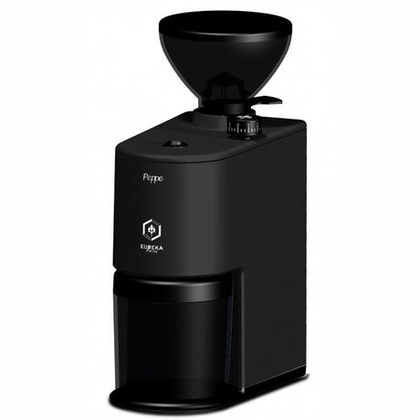 A black Eureka Peppe coffee grinder with a conical hopper on top, shown against a plain white background.