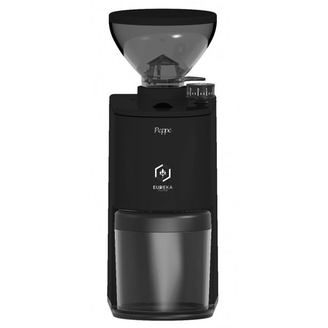 A black Peppe electric coffee grinder with a transparent bean hopper on top and a dark collection container below, shown against a plain white background.