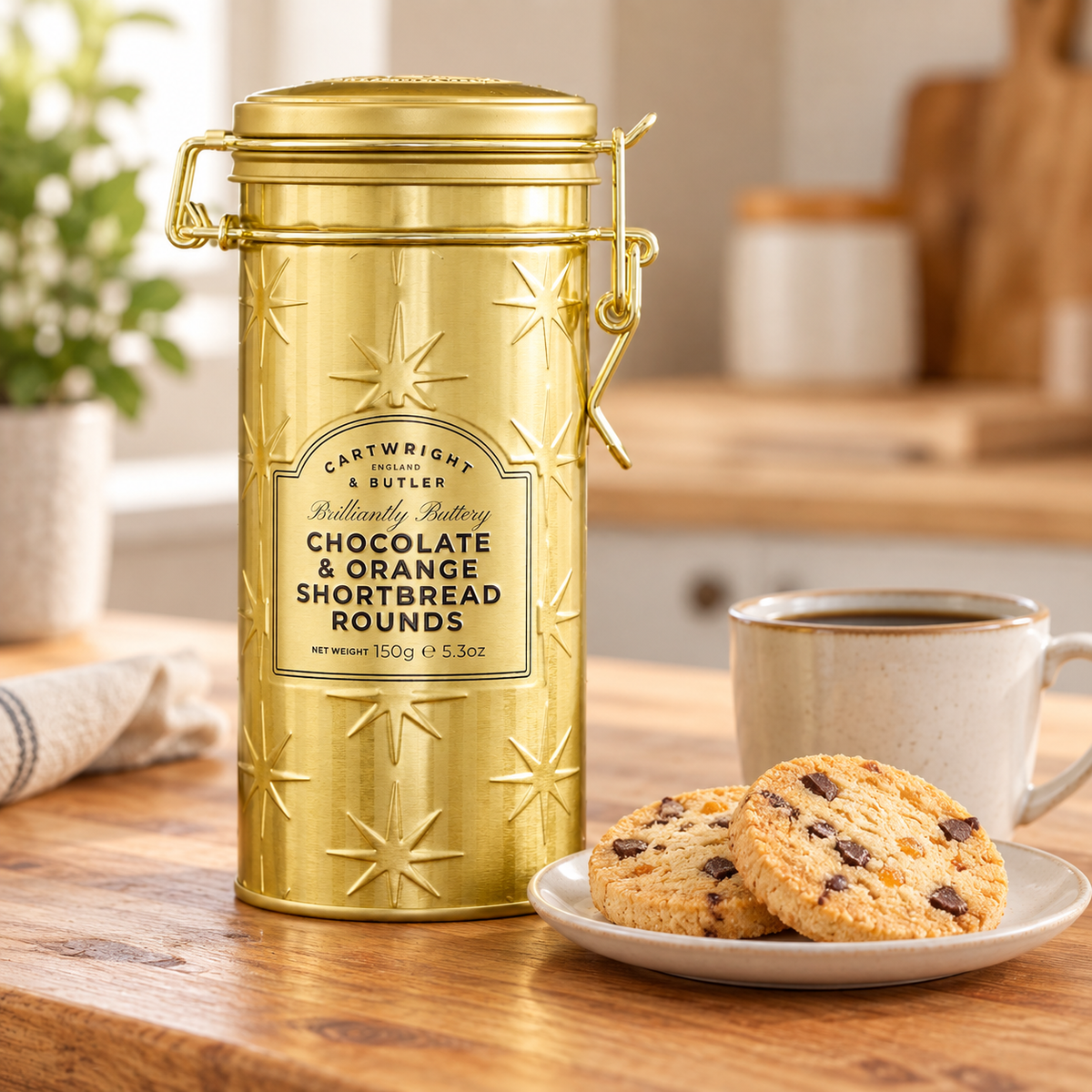 Cartwright & Butler Chocolate & Orange Shortbread Gold Tin with coffee and biscuits
