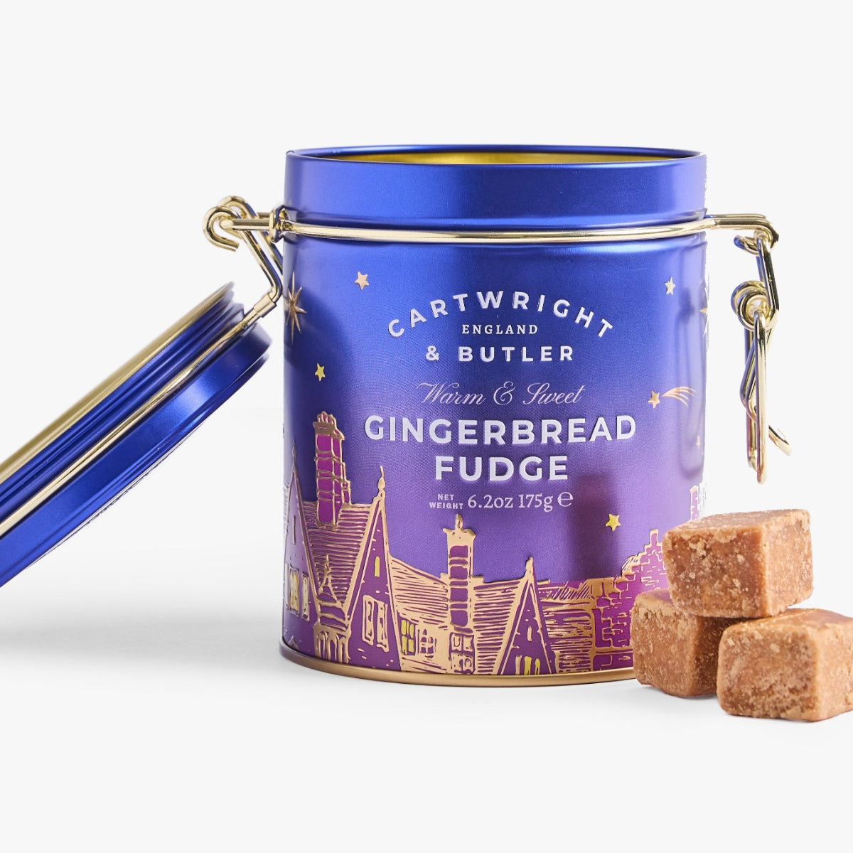 Cartwright & Butler Gingerbread Fudge pieces viewed inside the tin