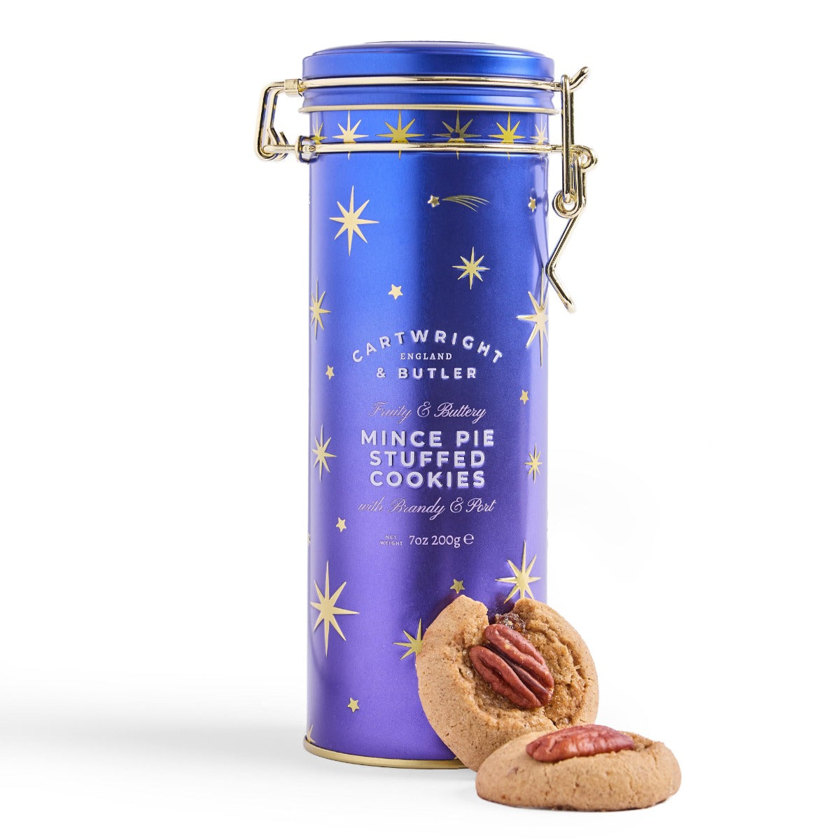 Open Cartwright & Butler Mince Pie Stuffed Cookies tin with two cookies