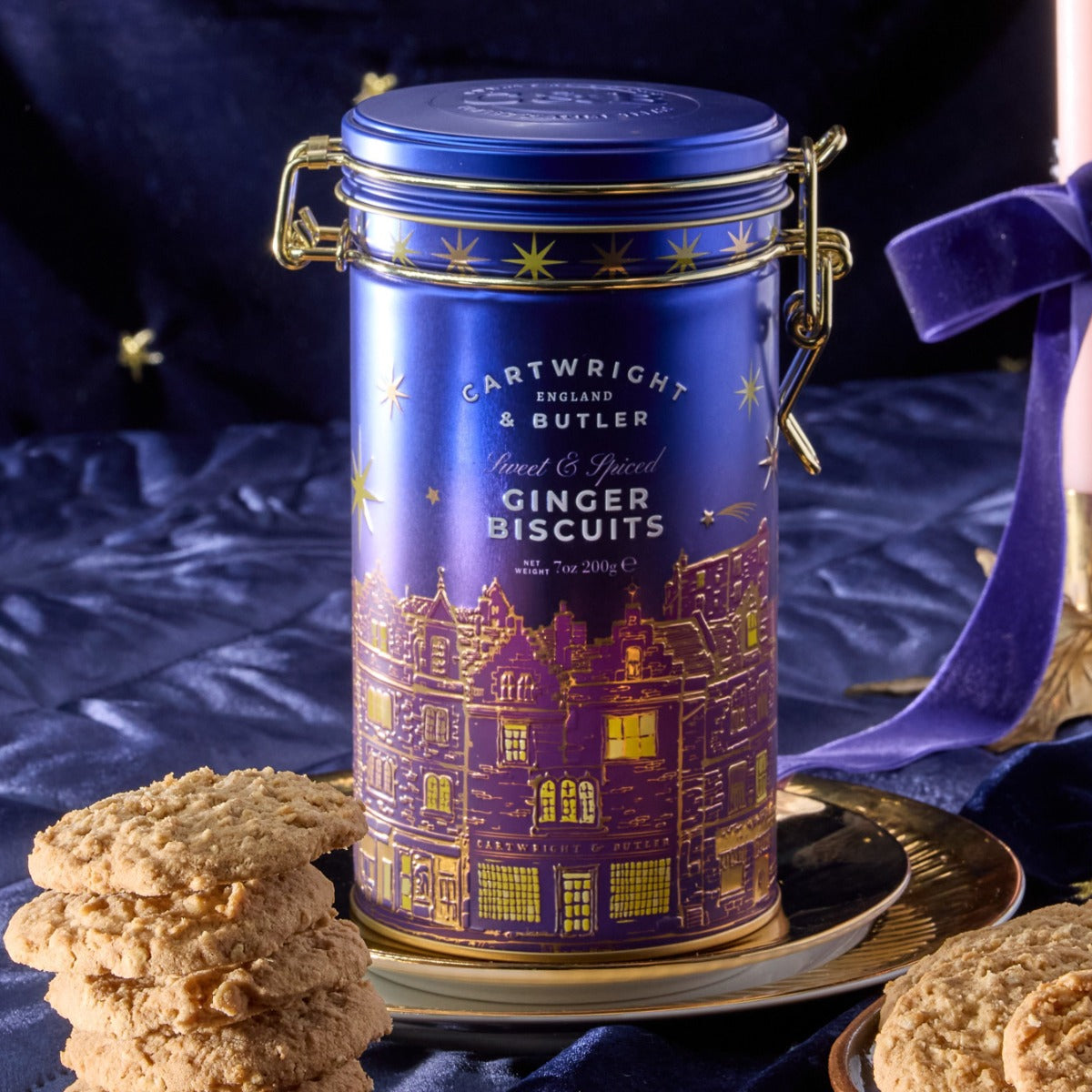 Cartwright & Butler Stem Ginger Biscuits with tea in a festive setting