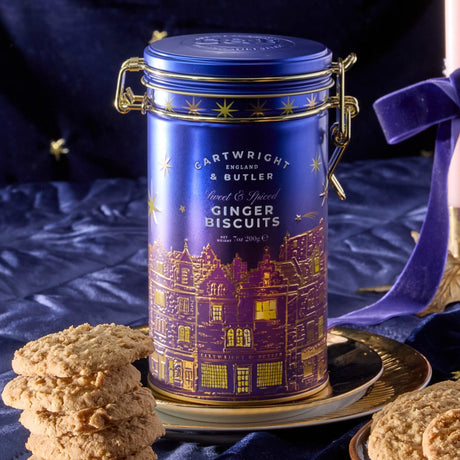 Cartwright & Butler Stem Ginger Biscuits with tea in a festive setting