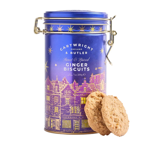 Open Cartwright & Butler Stem Ginger Biscuits tin with biscuits