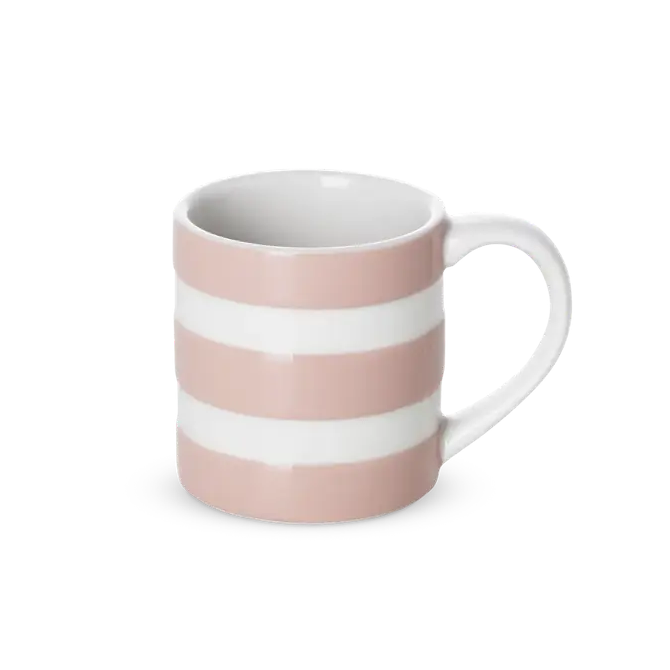 Pink and white striped mug on a white background